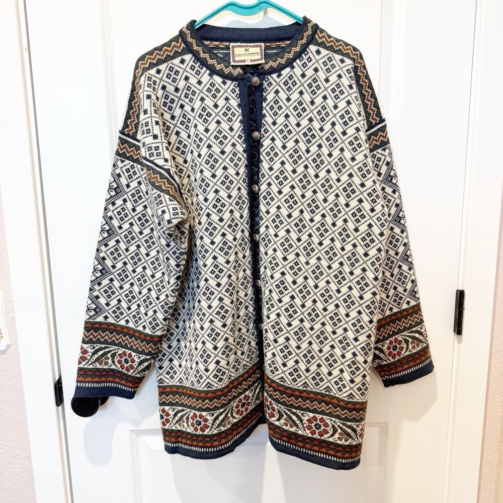 Dale Of Norway Womens Wool Cardigan Large Vintage Nordic Fair Isle Pewter Floral